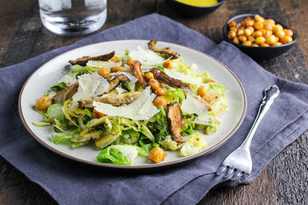 Brussels Sprout Caesar Salad with Shiitake Mushrooms and Roasted Chickpeas {Katie at the Kitchen Door}