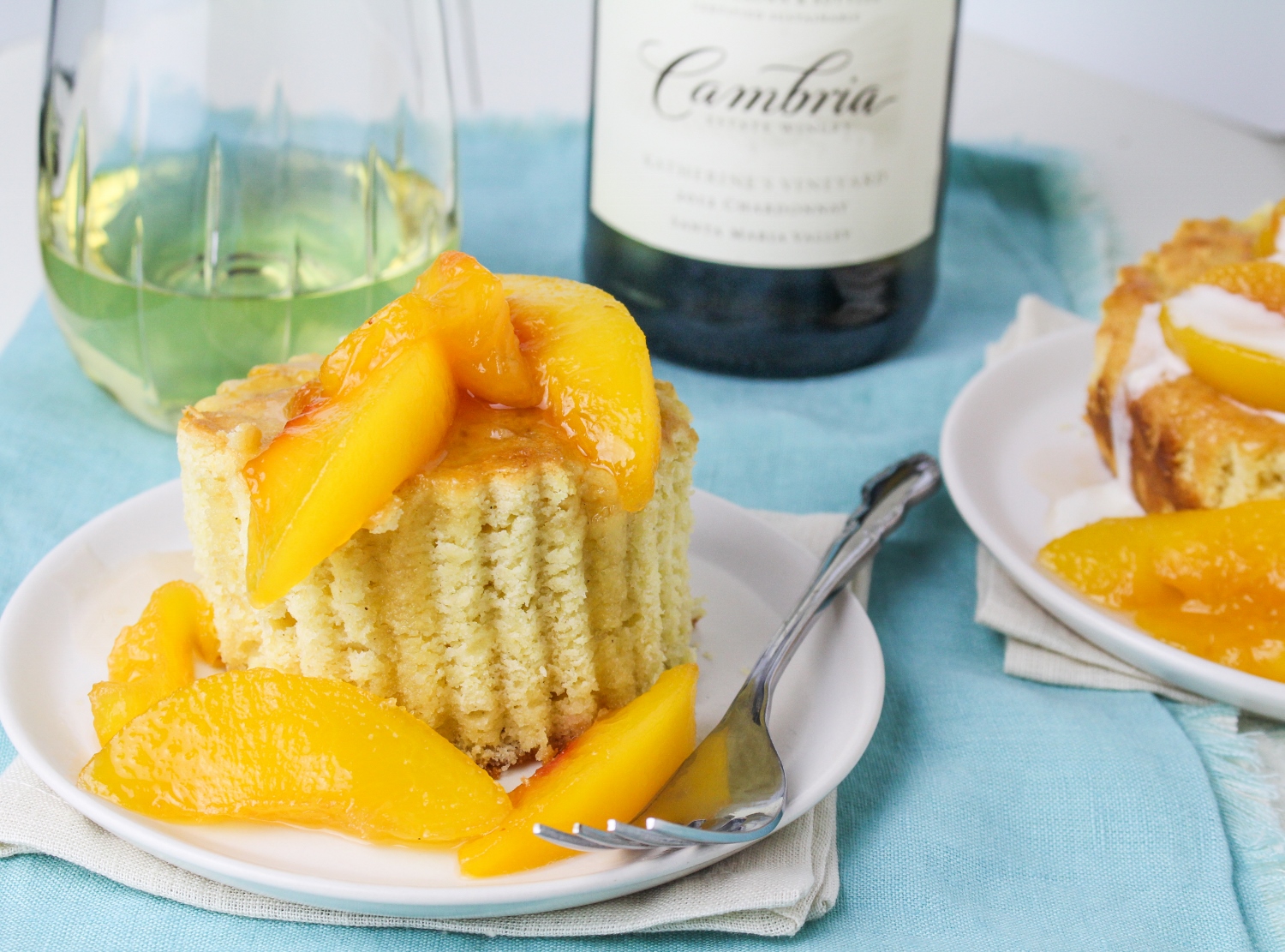 Maple Corn Cake with Chardonnay Peaches and Whipped Cream {Katie at the Kitchen Door}