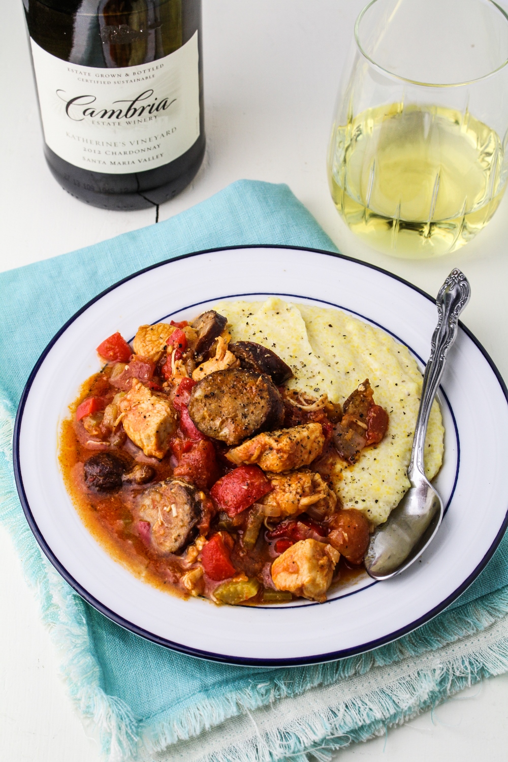 Smoky "Gumbo-Style" Chicken Stew with Cheesy Gouda Grits {Katie at the Kitchen Door}