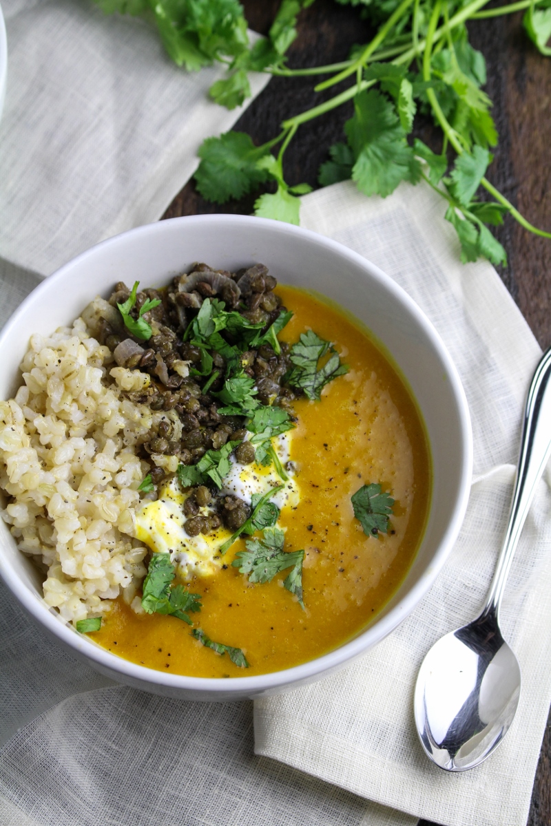 Sweet Potato and Coconut Milk Soup with Brown Rice and Lentils {Katie at the Kitchen Door}