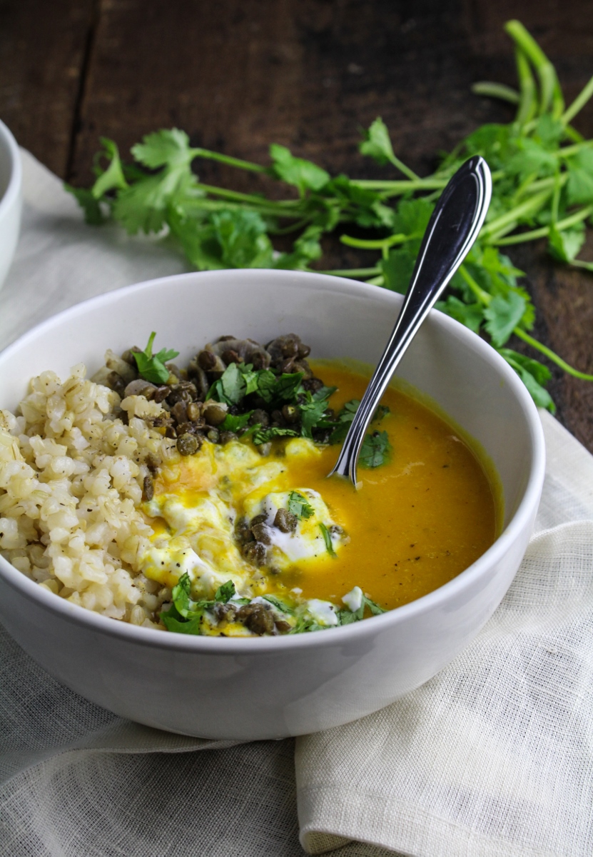 Sweet Potato and Coconut Milk Soup with Brown Rice and Lentils {Katie at the Kitchen Door}