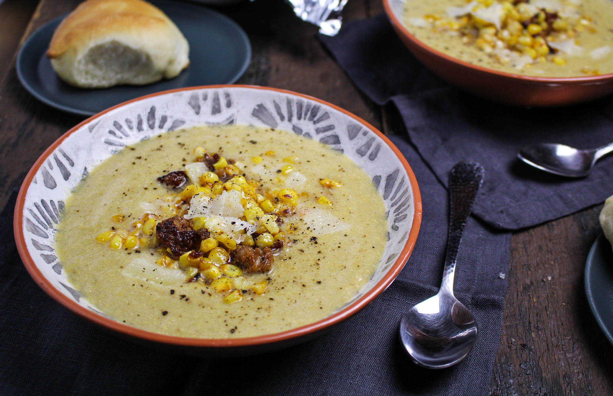 Harissa-Butter Roasted Corn Soup with Chorizo {Katie at the Kitchen Door}