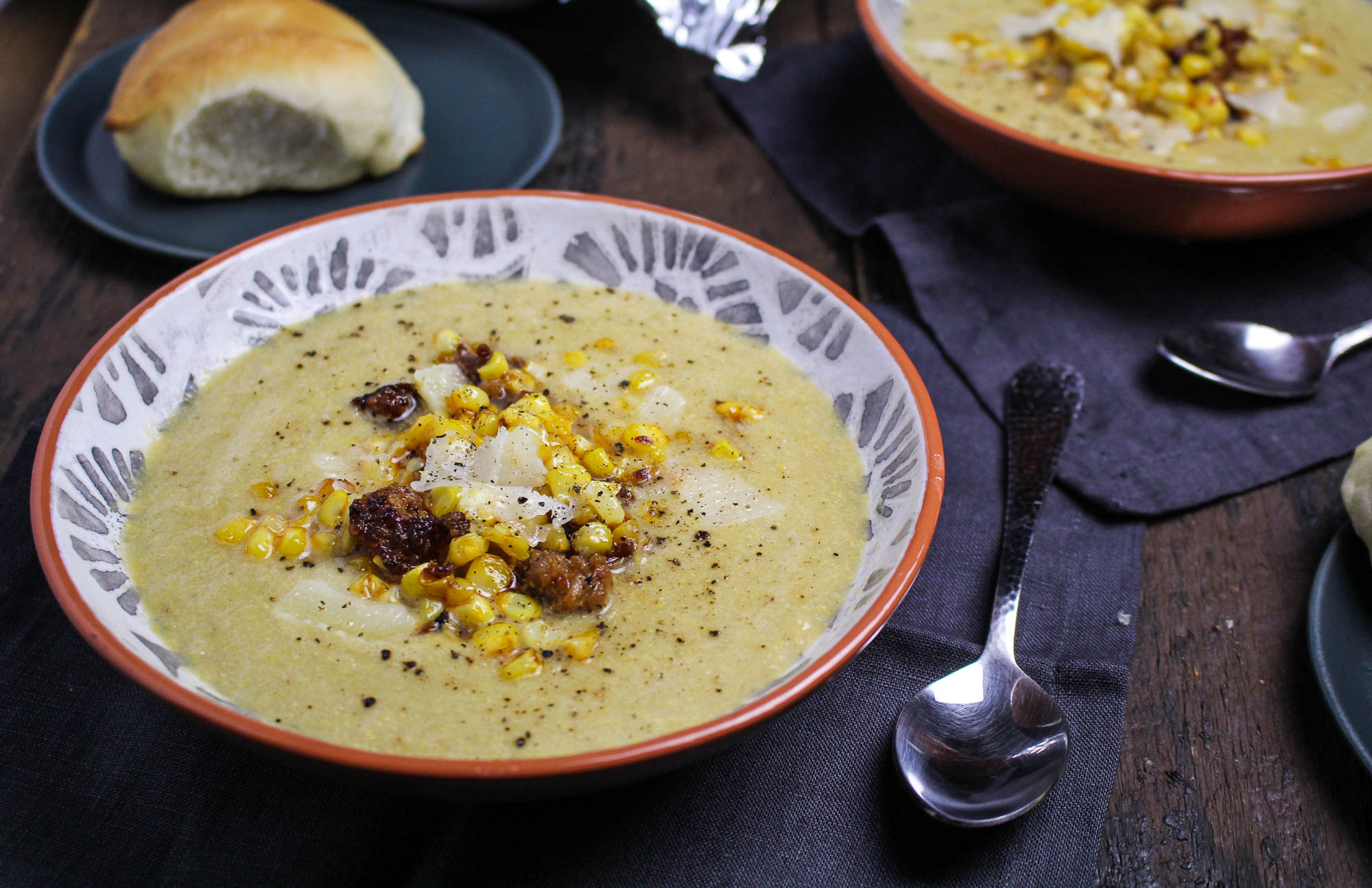 Summer Goodbye // Harissa-Butter Roasted Corn Soup with Chorizo