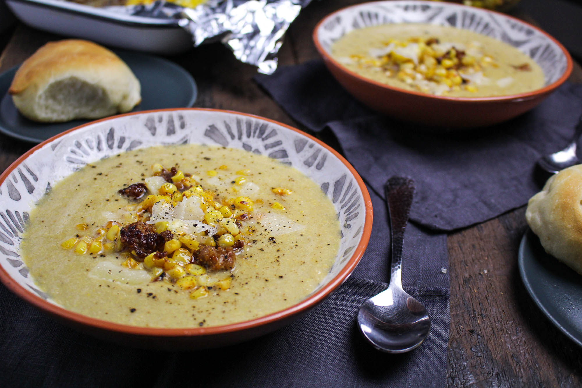 Harissa-Butter Roasted Corn Soup with Chorizo {Katie at the Kitchen Door}