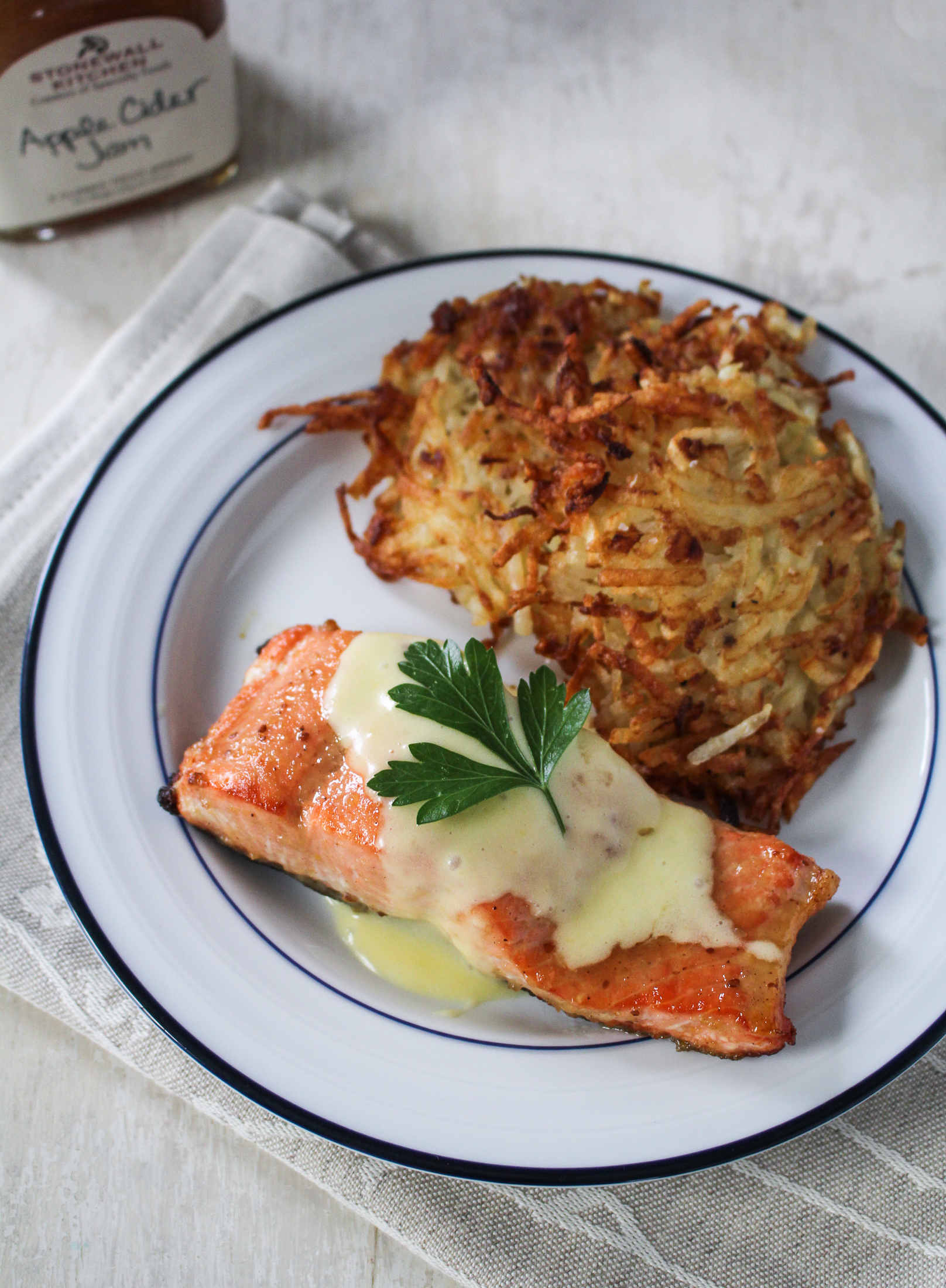 Cider-Jam-Glazed Salmon and Potato Latke Eggs Benedict