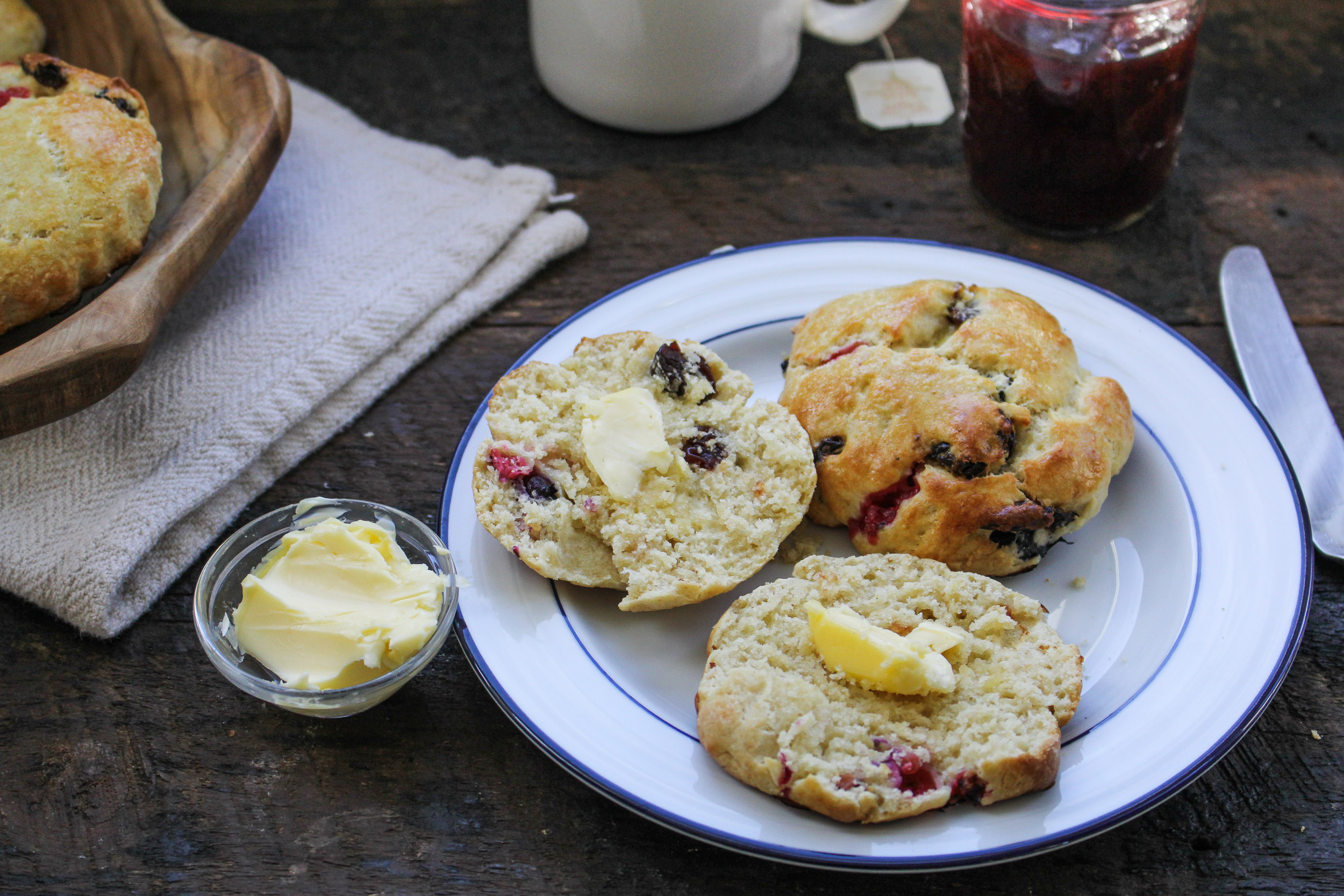 Olive Oil Scones with Red Currants and Sour Cherries {Katie at the Kitchen Door}