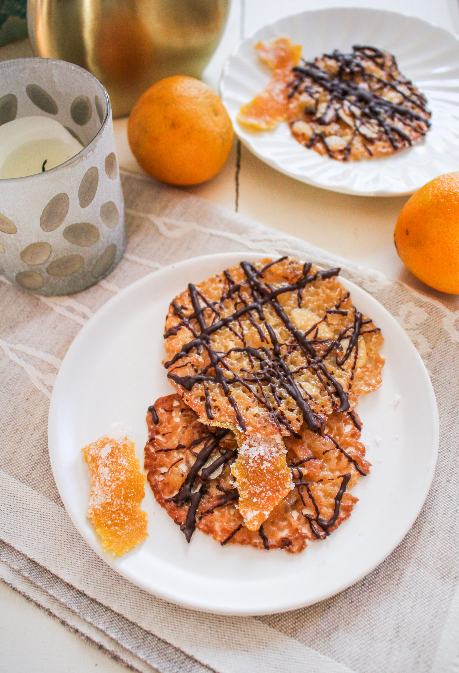 Christmas Cookies: Chocolate-Dipped Orange and Ginger Florentines {Katie at the Kitchen Door}