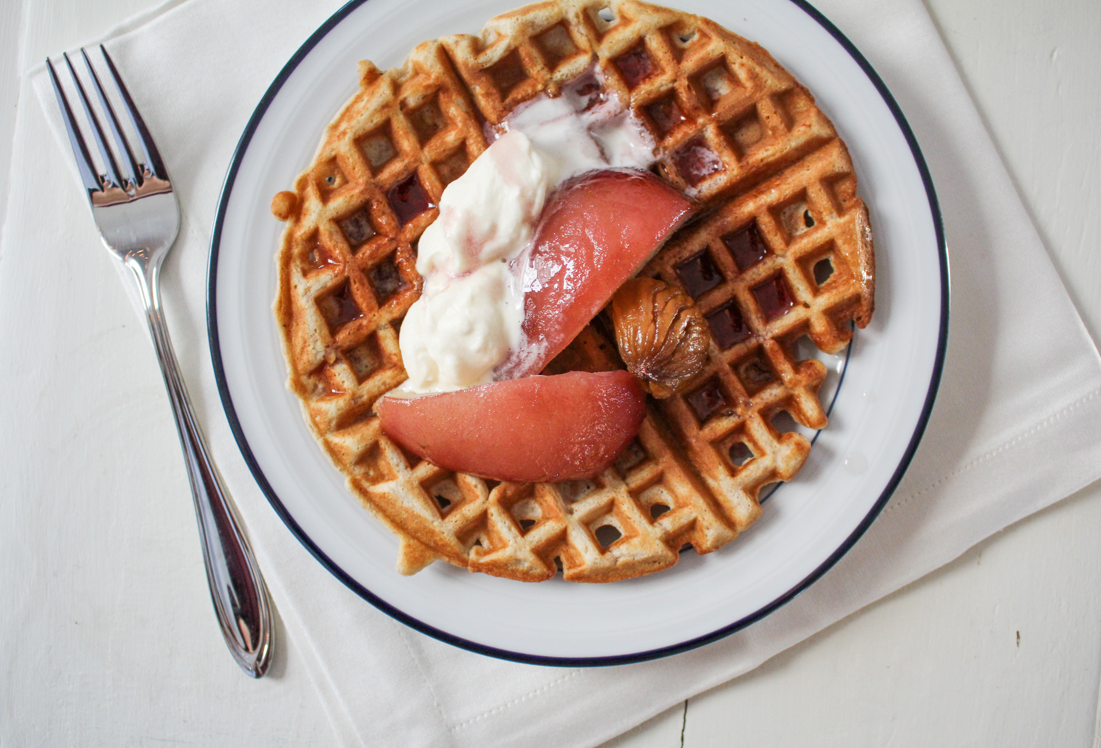 Brown-Butter Chestnut Waffles with Poached Pears and Whipped Mascarpone {Katie at the Kitchen Door}