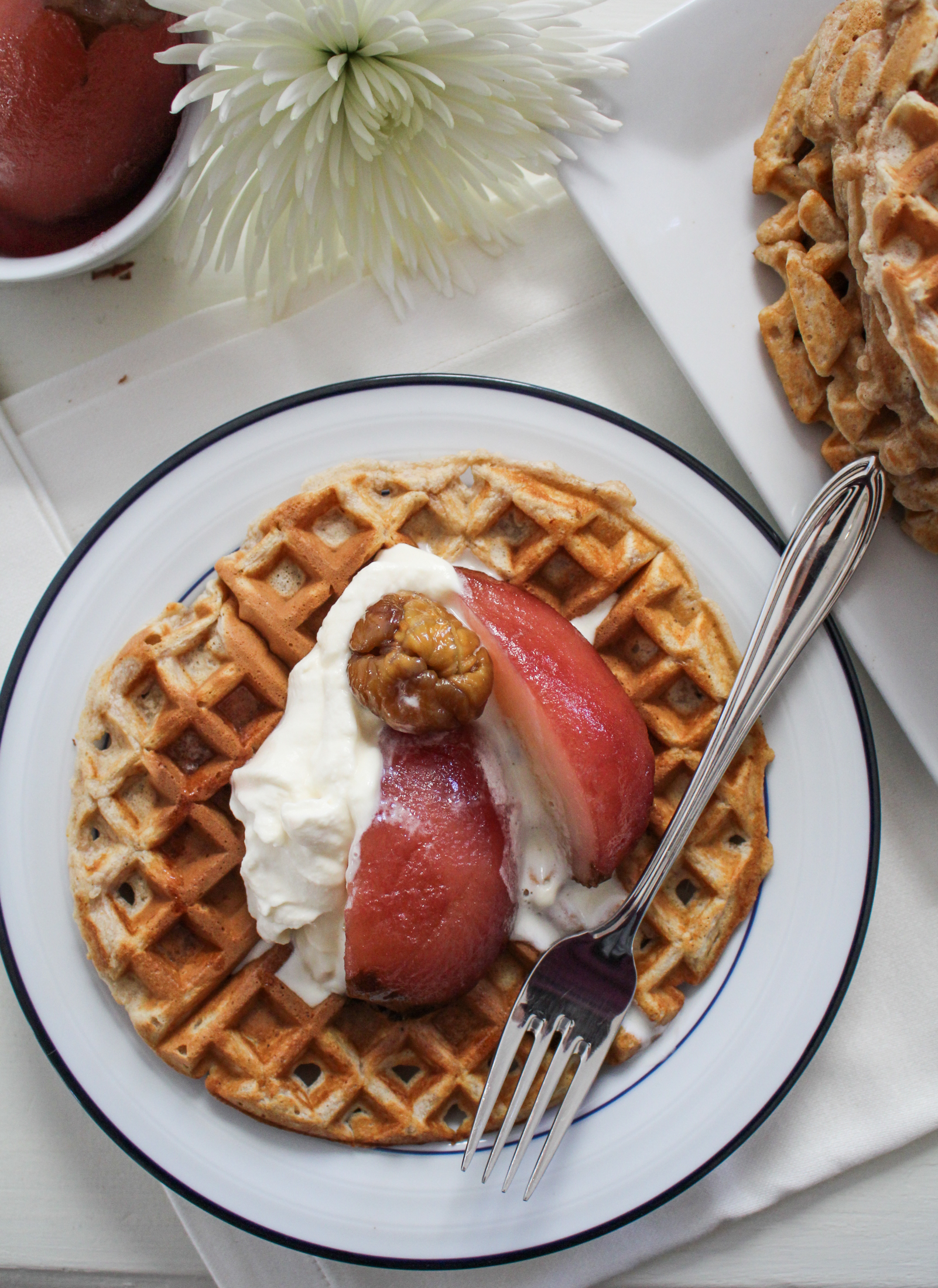 Brown-Butter Chestnut Waffles with Poached Pears and Whipped Mascarpone {Katie at the Kitchen Door}
