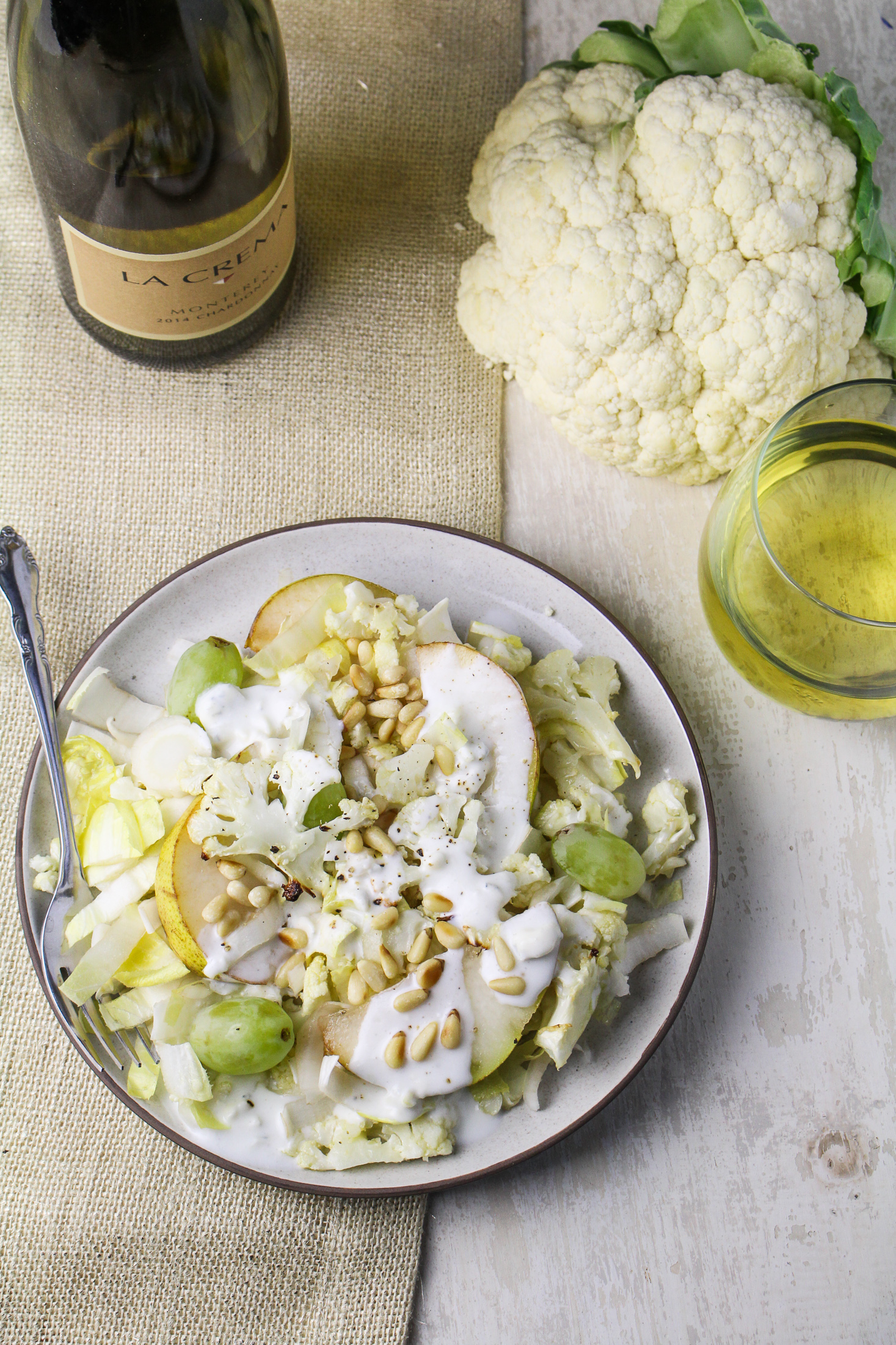 All-White Winter Salad: Roasted Cauliflower, Belgian Endive, Pear, and Blue Cheese Dressing {Katie at the Kitchen Door}
