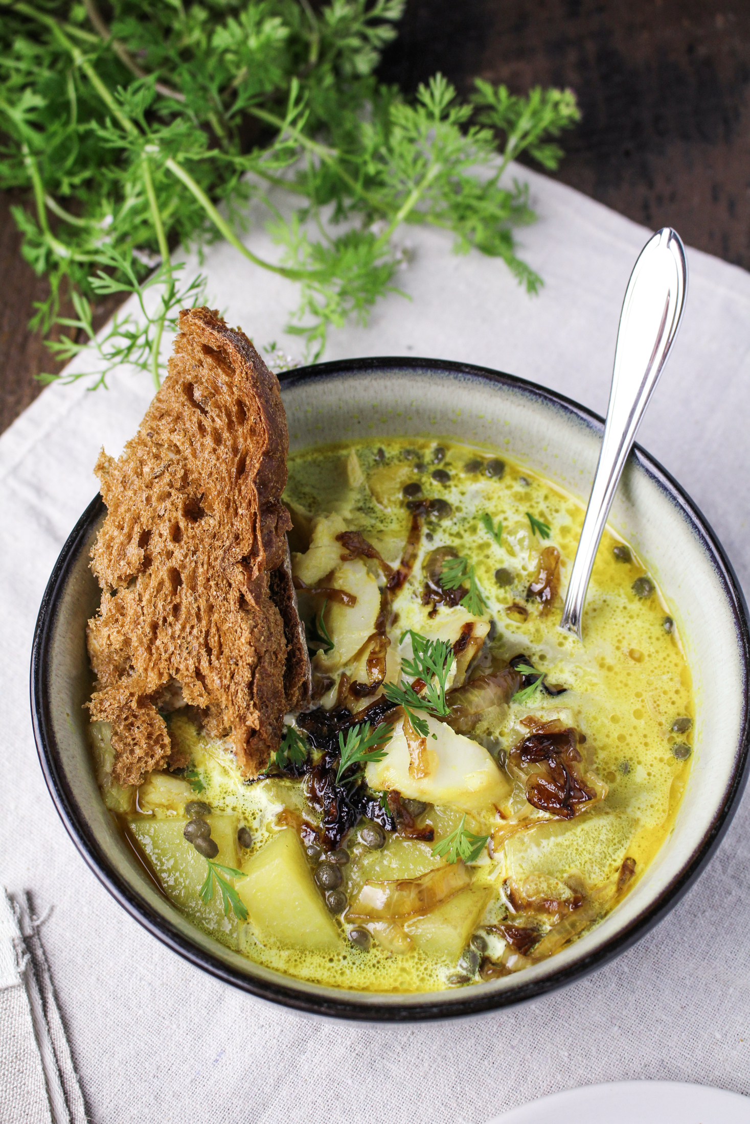 Curried Smoked Whitefish Chowder with Lentils and Caramelized Onions {Katie at the Kitchen Door}