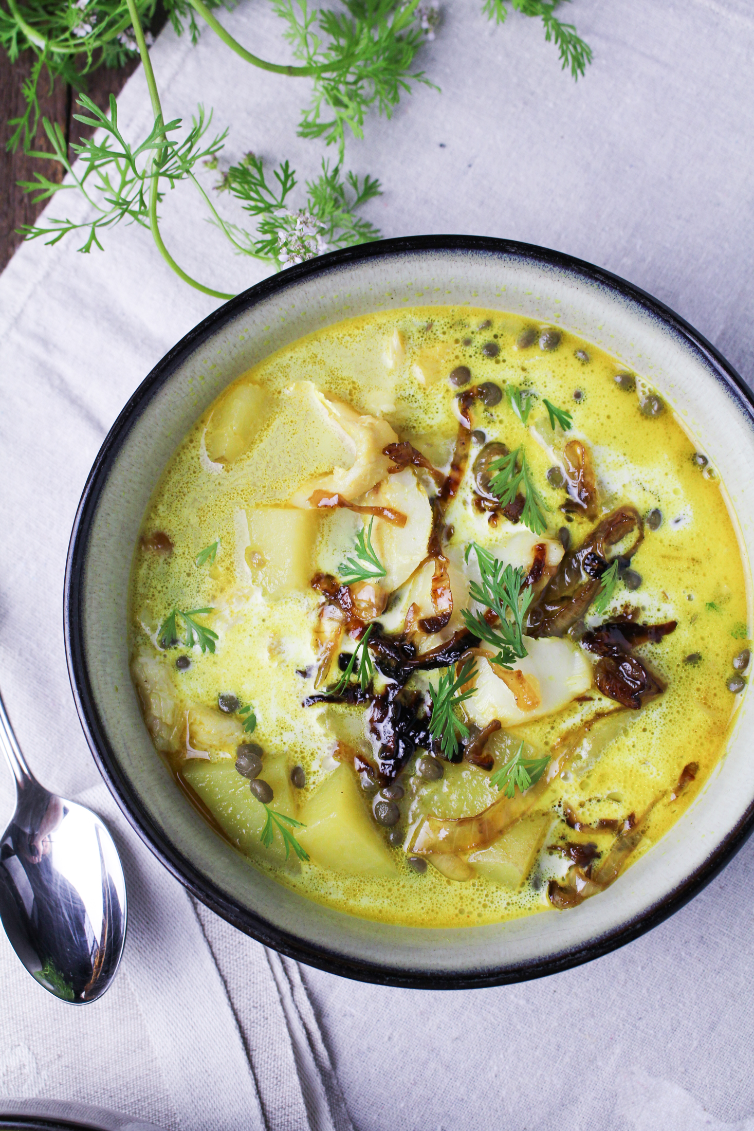 Curried Smoked Whitefish Chowder with Lentils and Caramelized Onions {Katie at the Kitchen Door}