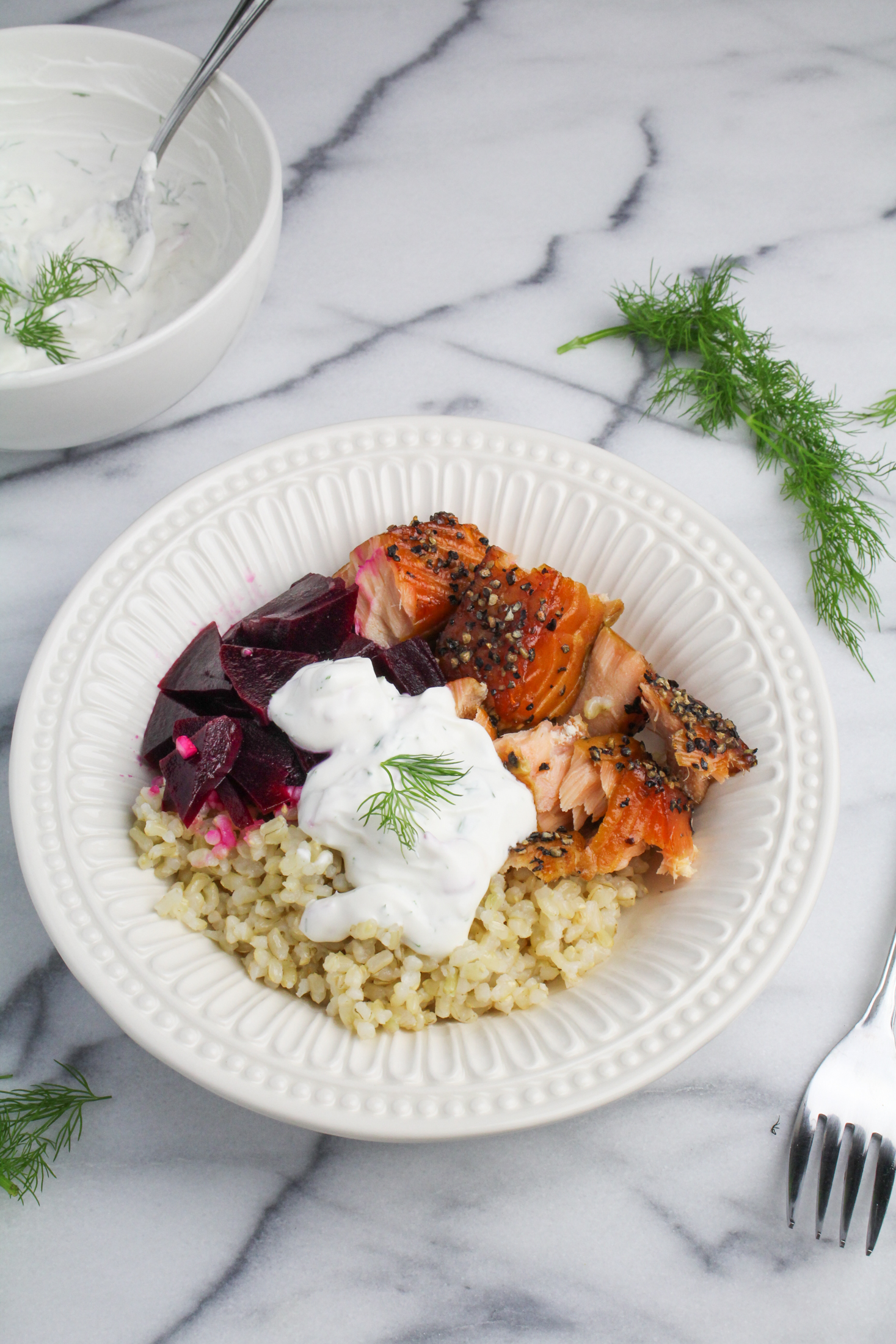 Scandi Salmon Bowl with Pickled Beets and Dilled Sour Cream {Katie at the Kitchen Door}