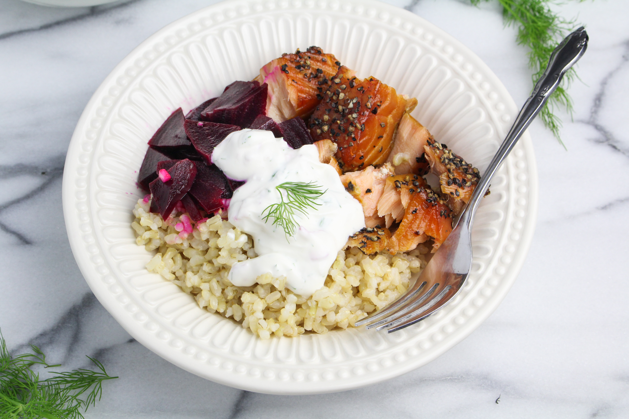Scandi Salmon Bowl with Pickled Beets and Dilled Sour Cream