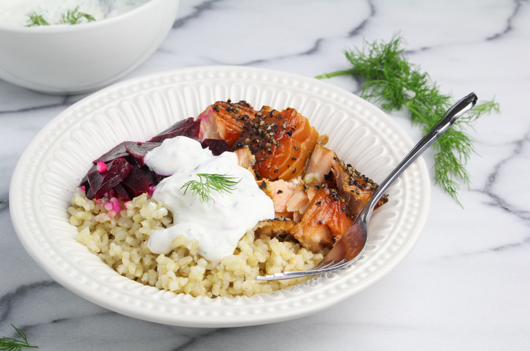Scandi Salmon Bowl with Pickled Beets and Dilled Sour Cream {Katie at the Kitchen Door}