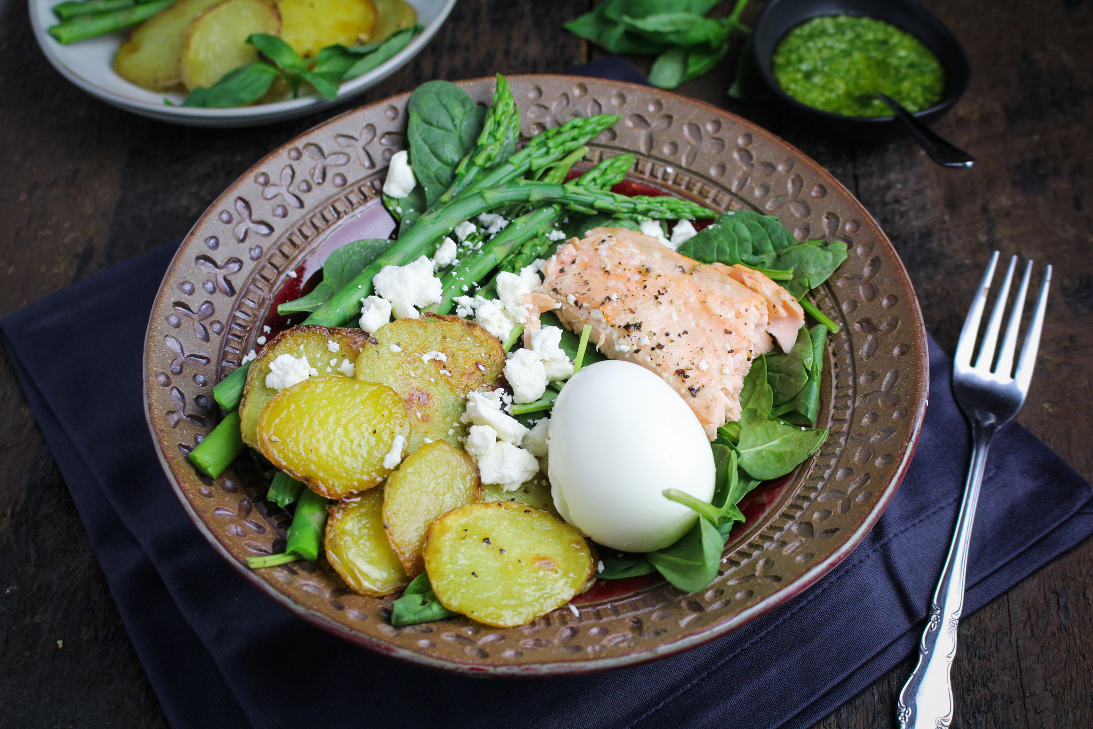 Salmon, Asparagus, and Roasted Potato Salad with Pesto Dressing and Soft-Boiled Egg {Katie at the Kitchen Door}