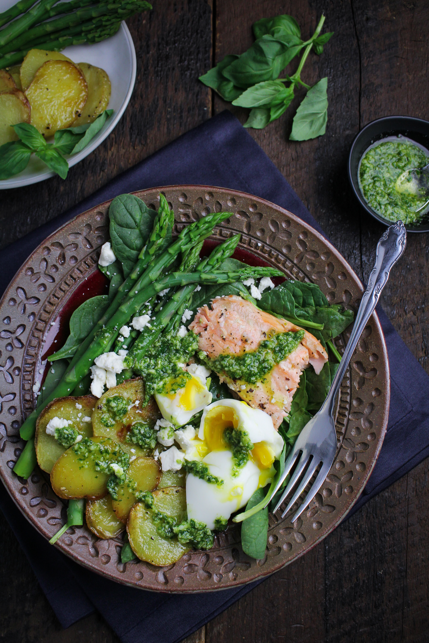 Salmon, Asparagus, and Roasted Potato Salad with Pesto Dressing and Soft-Boiled Egg {Katie at the Kitchen Door}