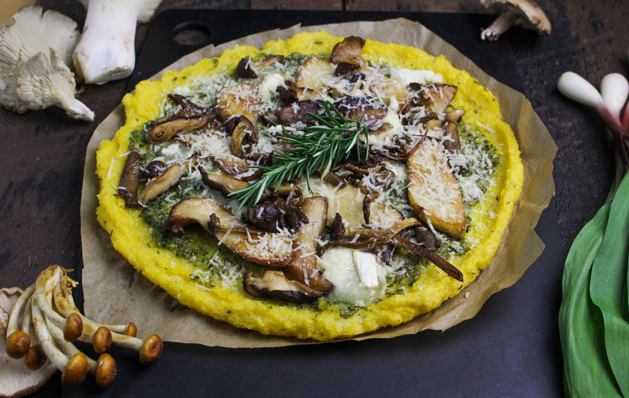 Polenta Pizza with Wild Mushrooms and Ramp Pesto {Katie at the Kitchen Door}