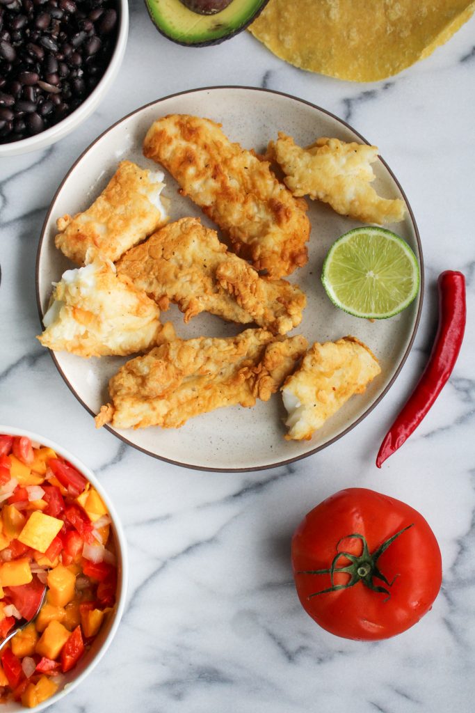 Fried Fish Tacos with Mango Salsa {Katie at the Kitchen Door}