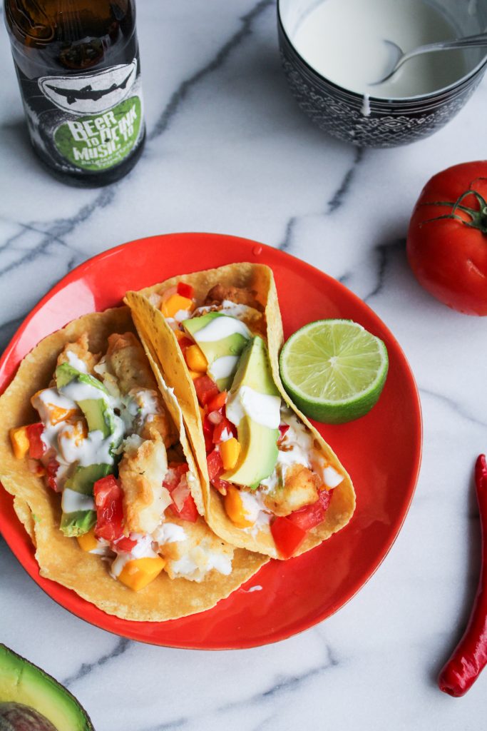 Fried Fish Tacos with Mango Salsa {Katie at the Kitchen Door}