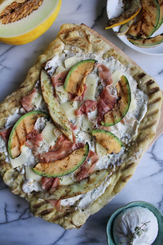Grilled Melon Pizza with Prosciutto and Burrata {Katie at the Kitchen Door}