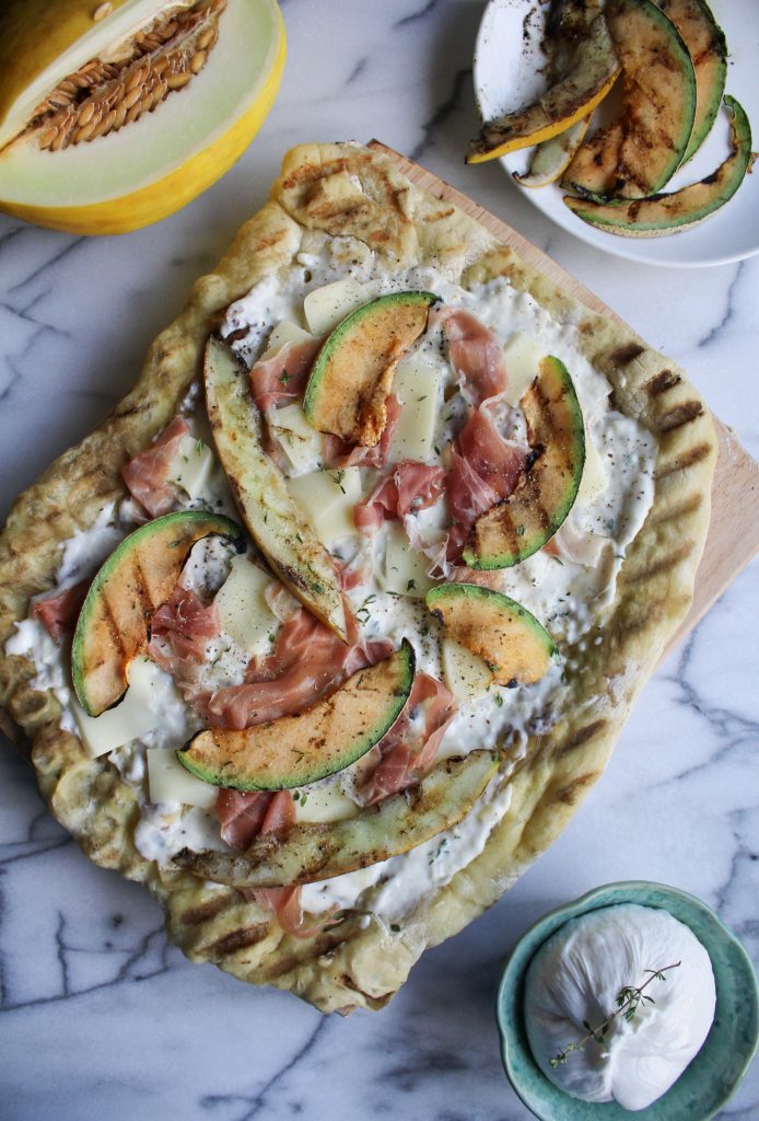 Grilled Melon Pizza with Prosciutto and Burrata {Katie at the Kitchen Door}