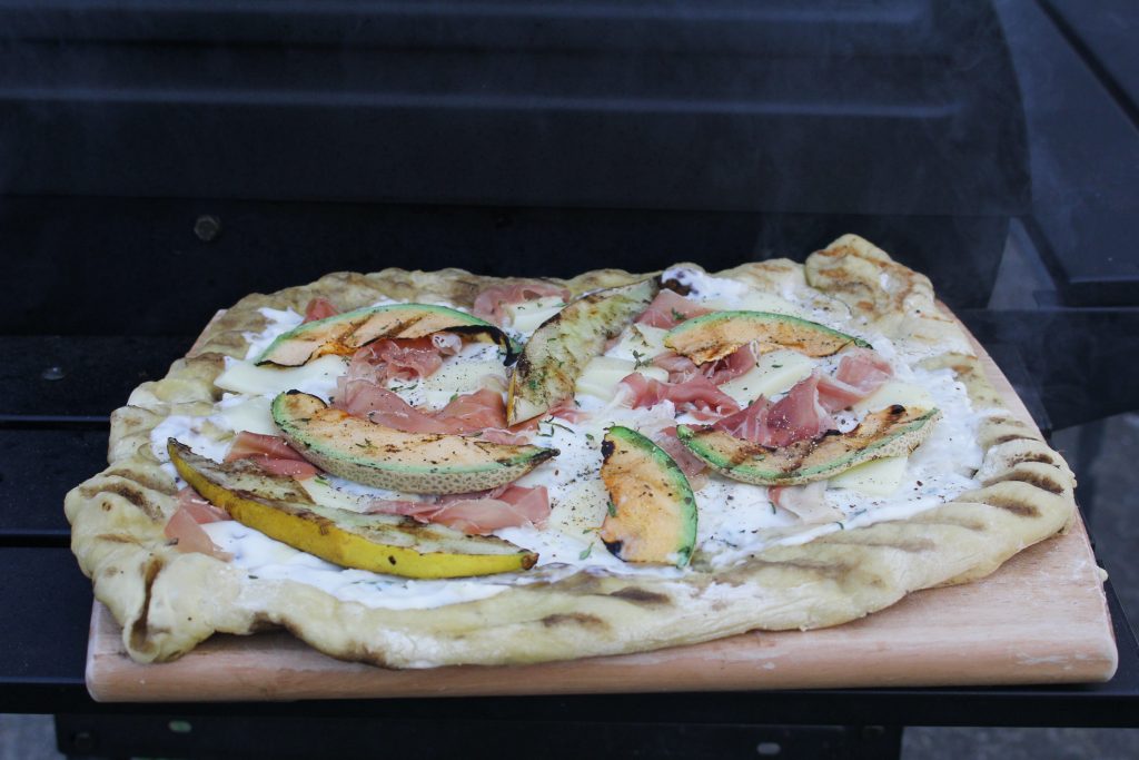 Grilled Melon Pizza with Prosicutto and Burrata {Katie at the Kitchen Door}