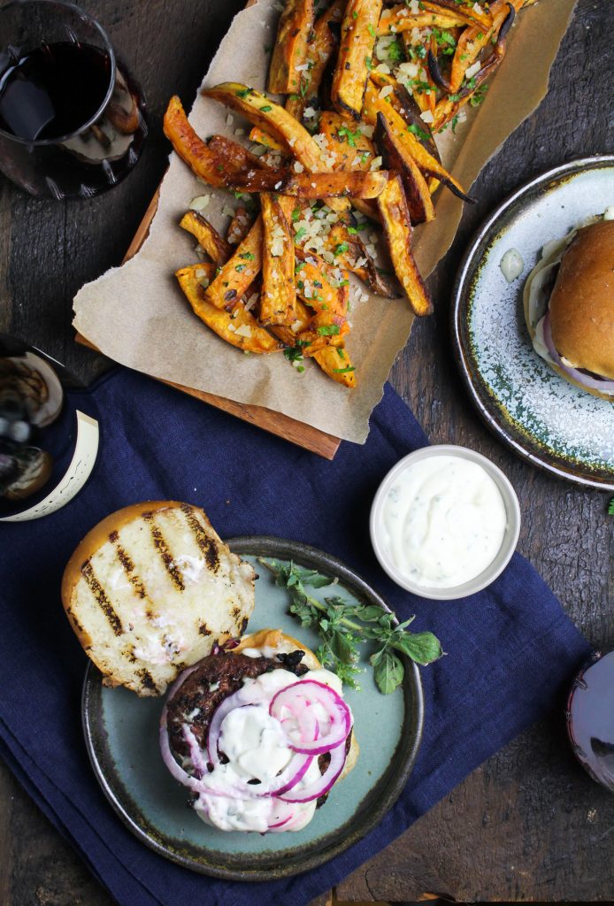 Greek Lamb Burgers and Sweet Potato Fries {Katie at the Kitchen Door}