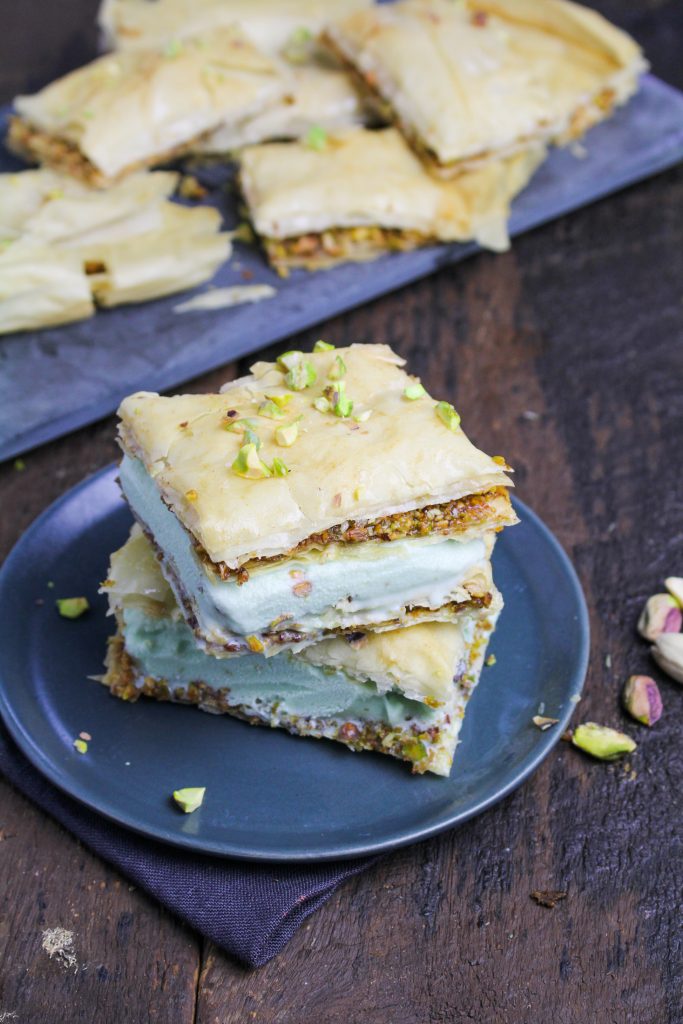 Baklava Ice Cream Sandwiches with Pistachio Gelato {Katie at the Kitchen Door}