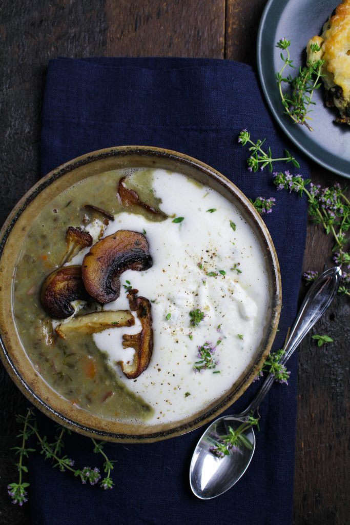 Lentil and Mushroom Soup with Thyme Cream {Katie at the Kitchen Door}