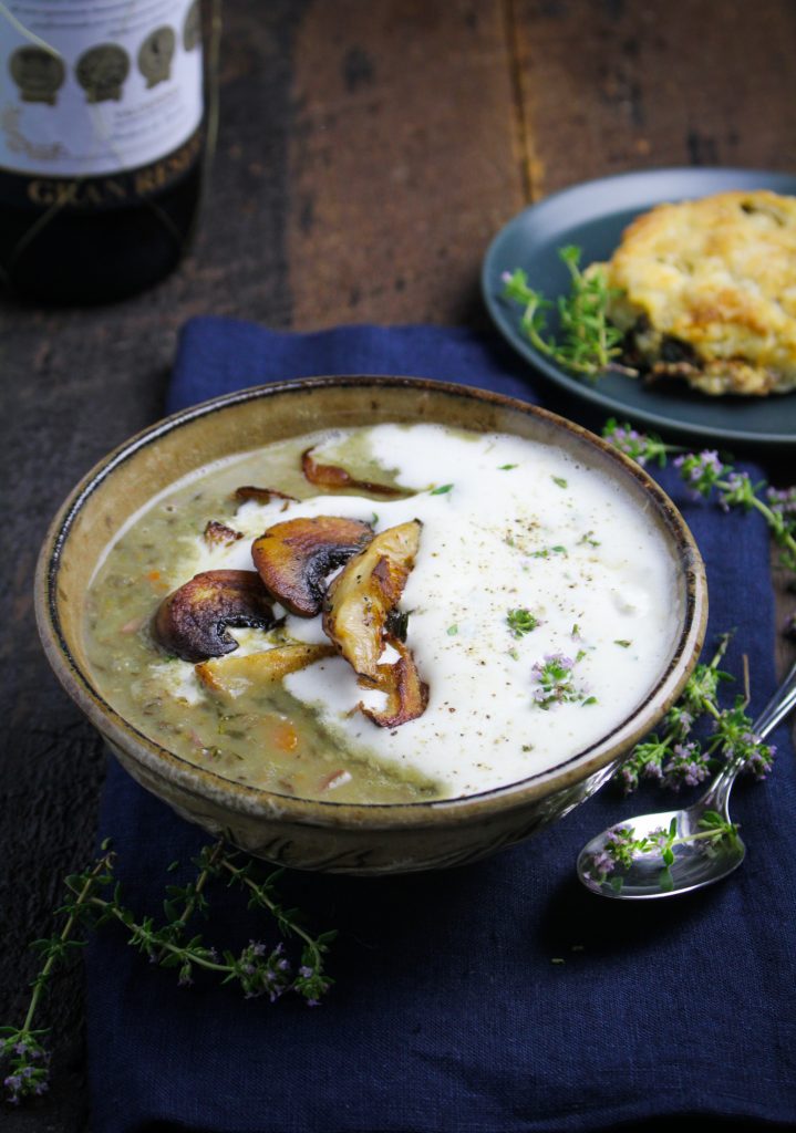 Lentil and Mushroom Soup with Thyme Cream {Katie at the Kitchen Door}