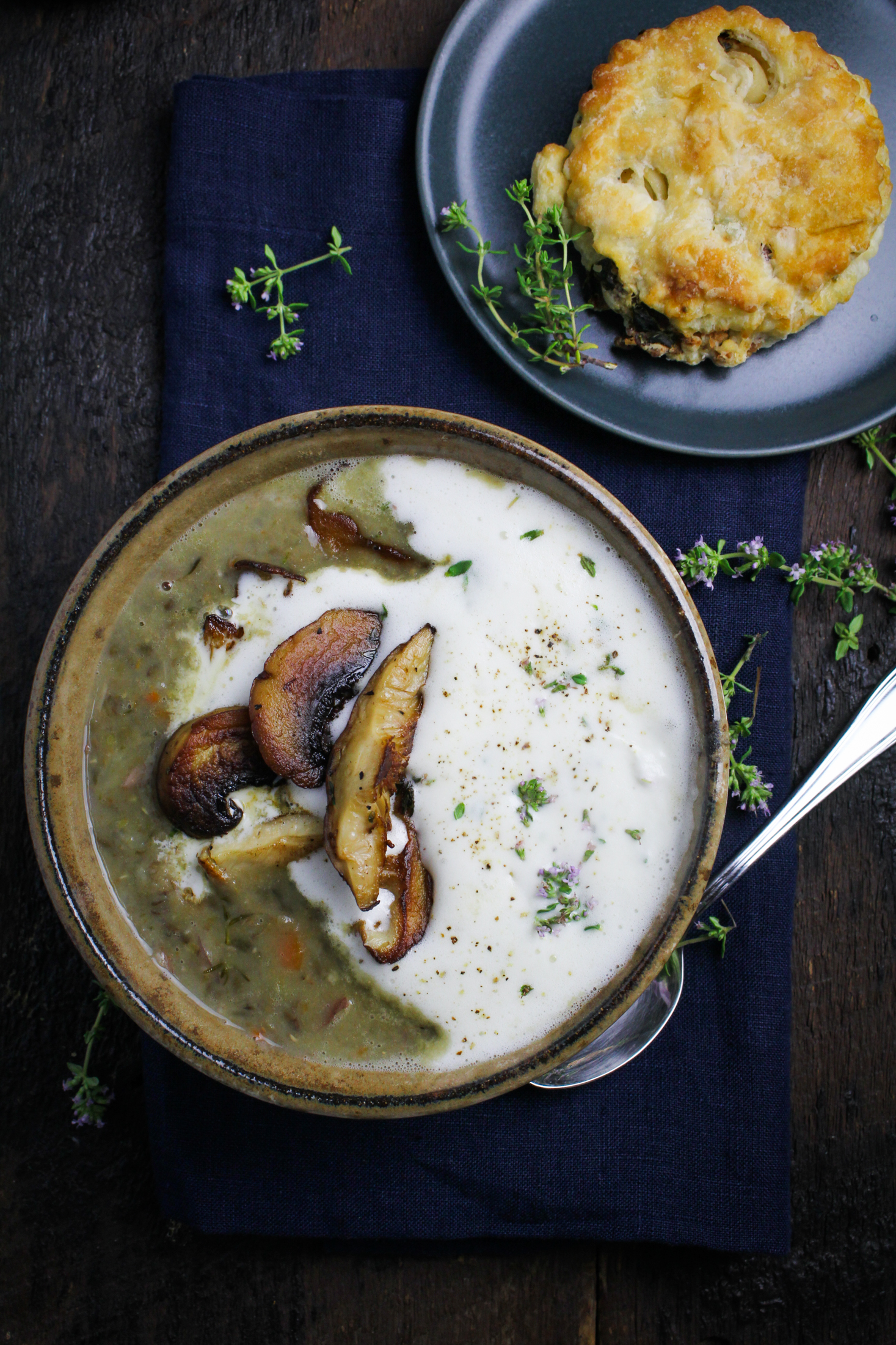 Lentil and Mushroom Soup with Thyme Cream