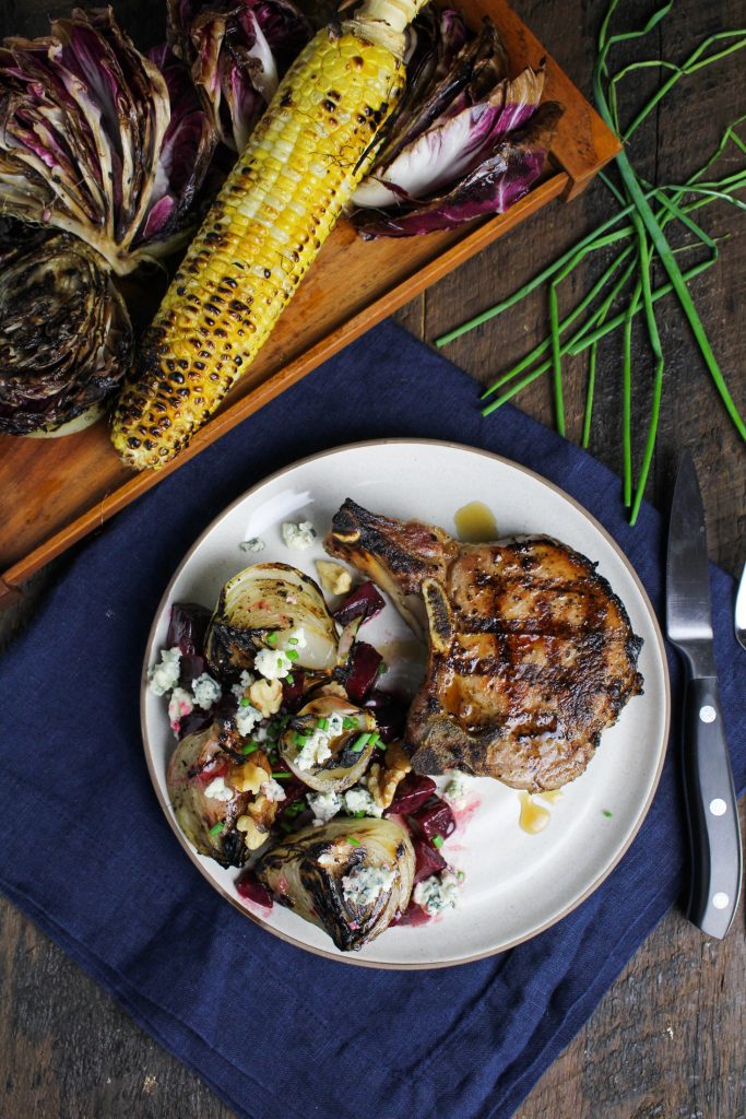 Grilled Maple-Brined Pork Chops with Grilled Sweet Onions and Buttered Beets {Katie at the Kitchen Door}