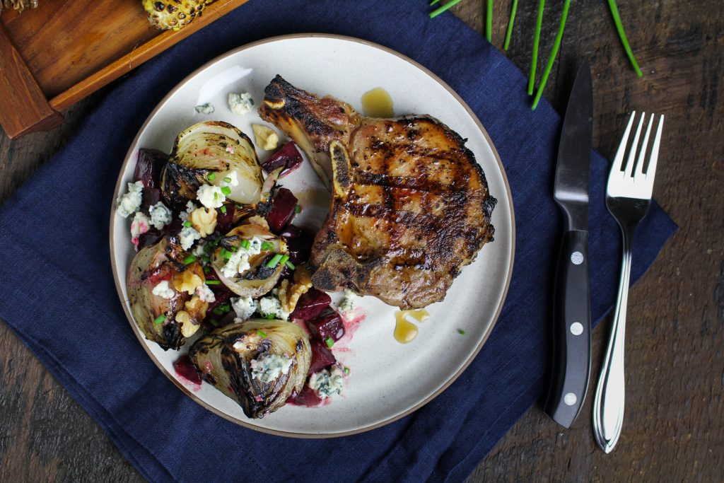 Grilled Maple-Brined Pork Chops with Grilled Sweet Onions and Buttered Beets {Katie at the Kitchen Door}