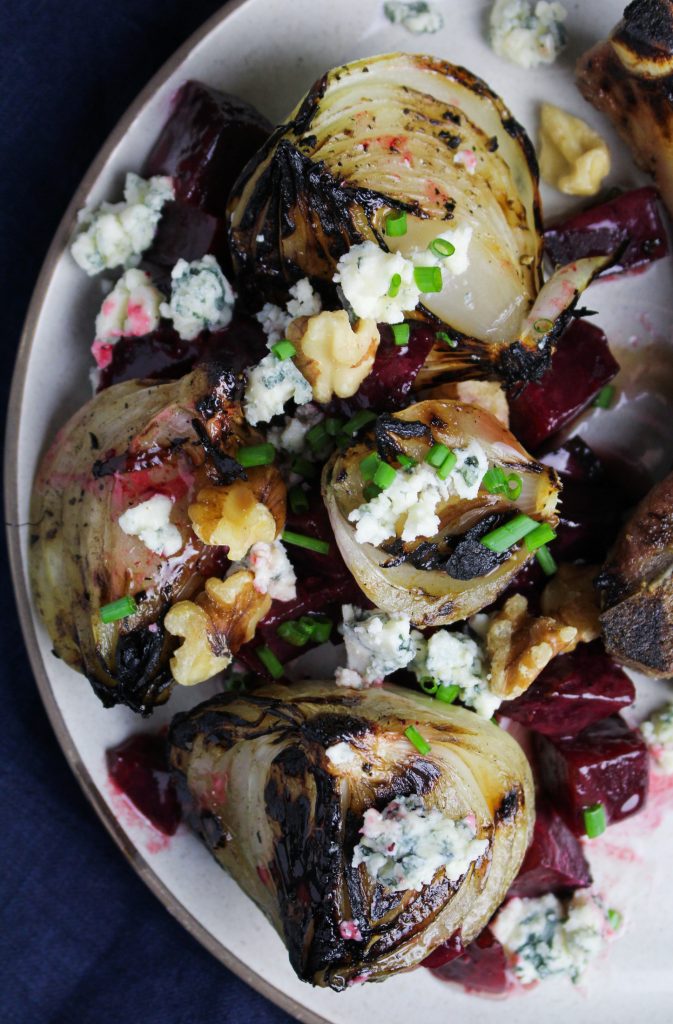 Grilled Sweet Onions with Buttered Beets and Blue Cheese {Katie at the Kitchen Door}