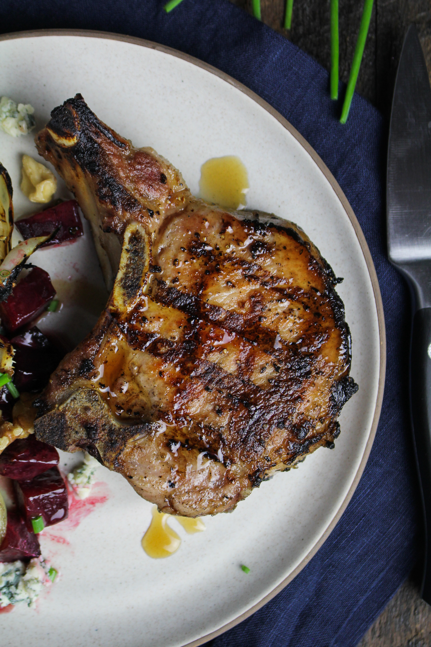 Book Club: Around the Fire // Grilled Maple-Brined Pork Chops & Grilled Sweet Onion with Buttered Beets and Blue Cheese