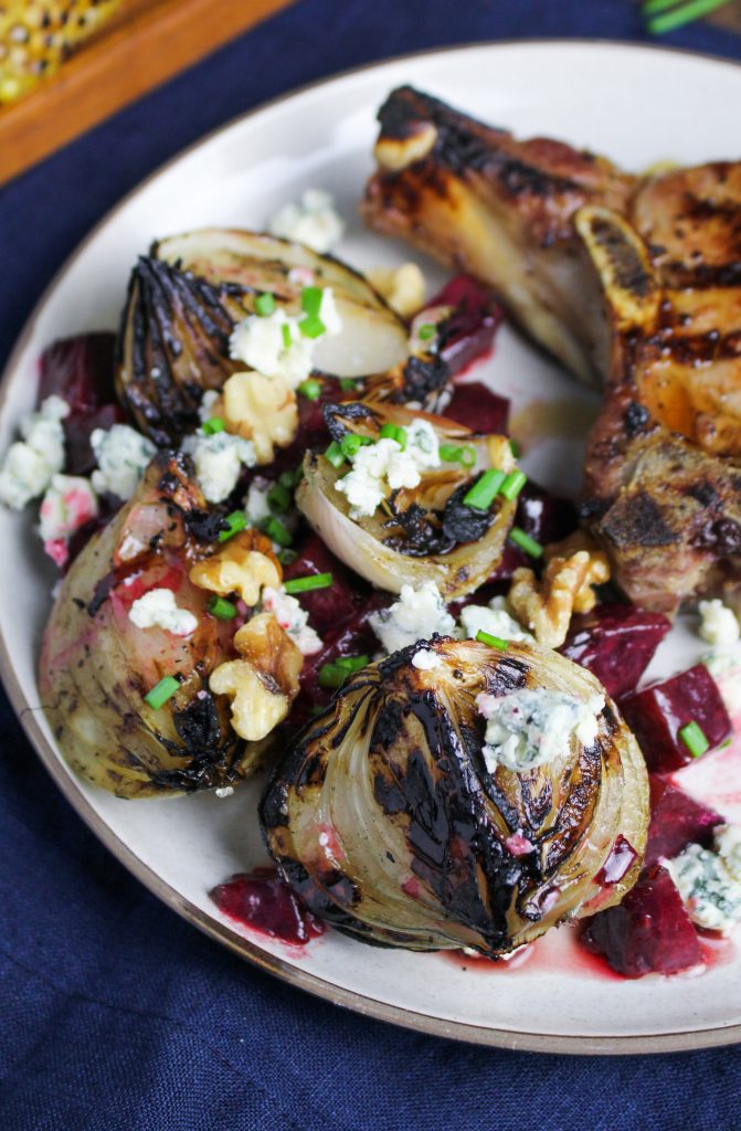 Grilled Sweet Onions with Buttered Beets and Blue Cheese {Katie at the Kitchen Door}