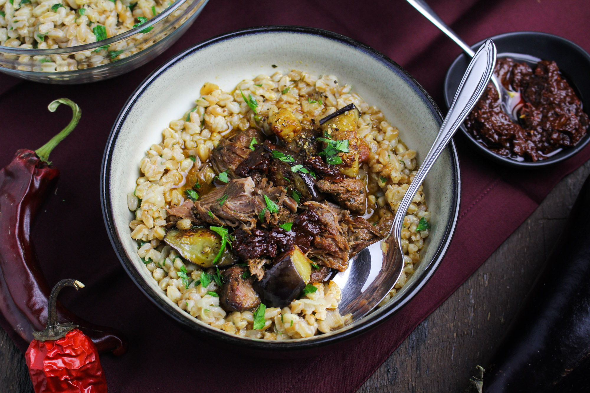 Tunisian Lamb-and-Eggplant Stew with Farro and Harissa {Katie at the Kitchen Door}