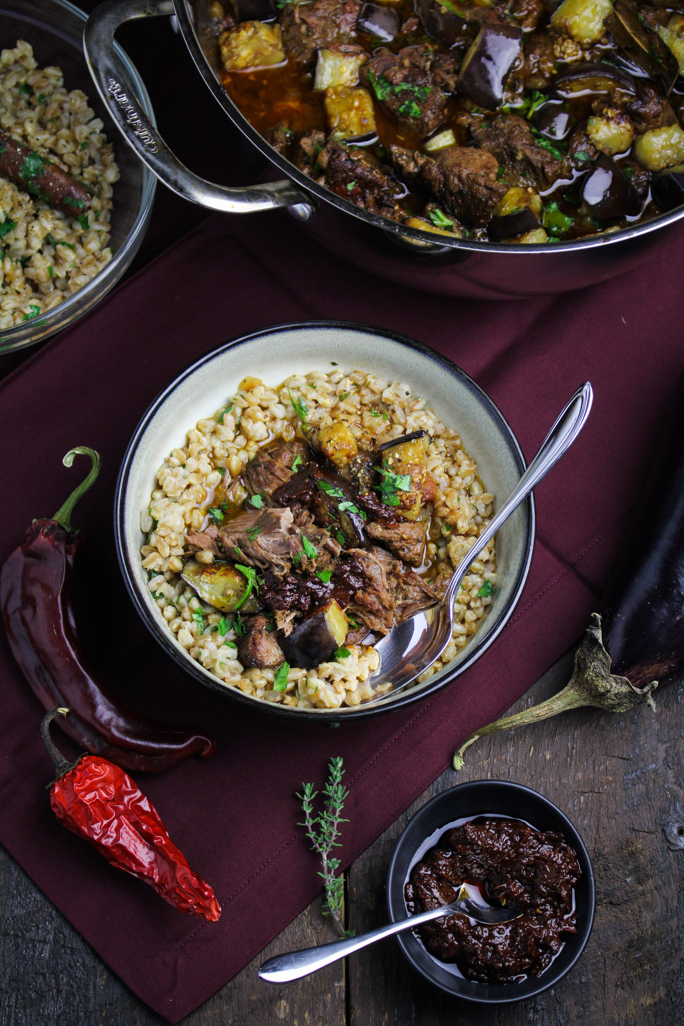 Tunisian Lamb-and-Eggplant Stew with Farro and Harissa {Katie at the Kitchen Door}