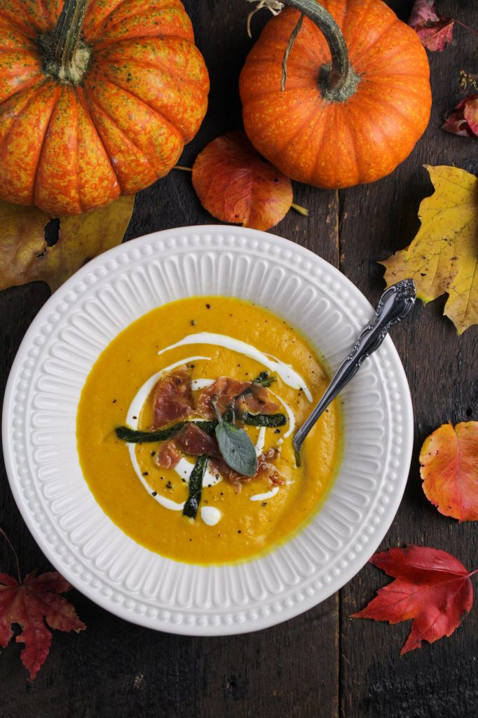 Curried Pumpkin Bisque with Prosciutto and Sage {Katie at the Kitchen Door}