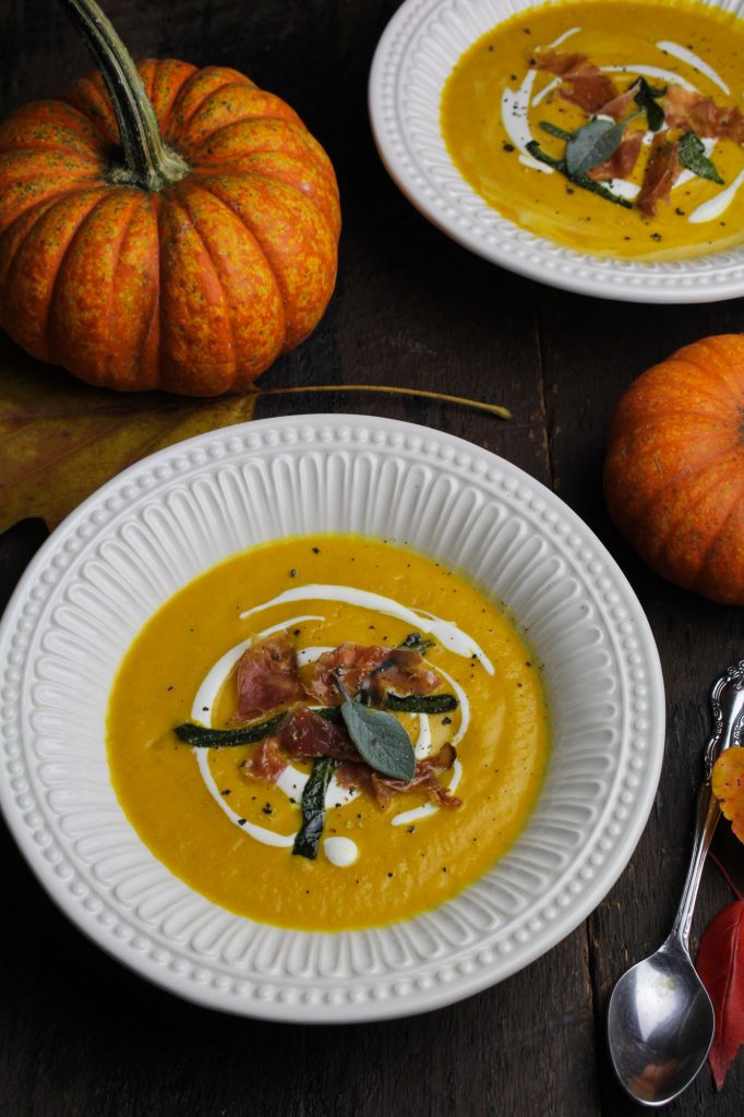 Curried Pumpkin Bisque with Prosciutto and Sage {Katie at the Kitchen Door}