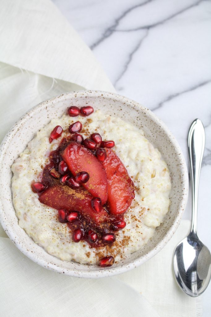 Whole Grain Porridge with Poached Apples and Cranberry {Katie at the Kitchen Door}