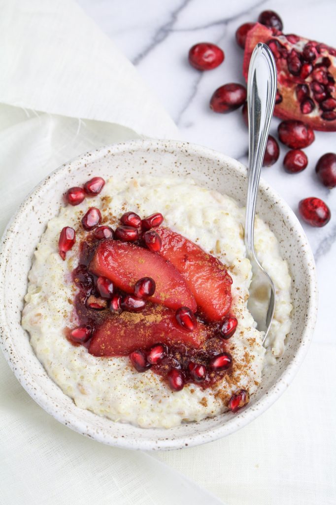 Whole Grain Porridge with Poached Apples and Cranberry {Katie at the Kitchen Door}