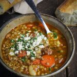 Spicy Chorizo Soup with Italian Couscous and Mole Sauce {Katie at the Kitchen Door}