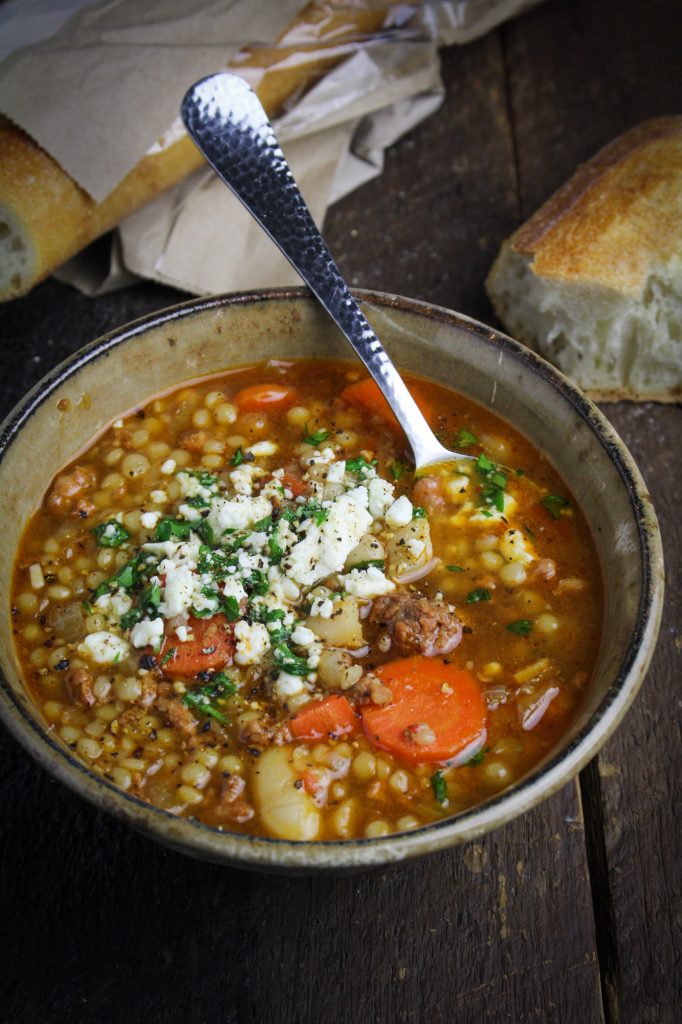 Spicy Chorizo Soup with Israeli Couscous and Mole Sauce {Katie at the Kitchen Door}