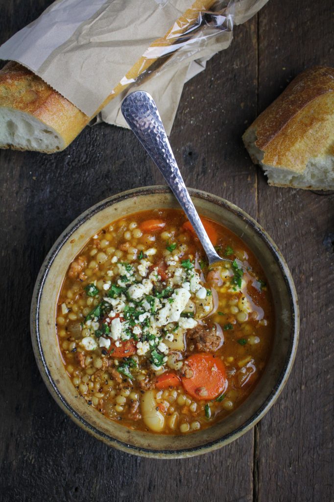 Spicy Chorizo Soup with Israeli Couscous and Mole Sauce {Katie at the Kitchen Door}