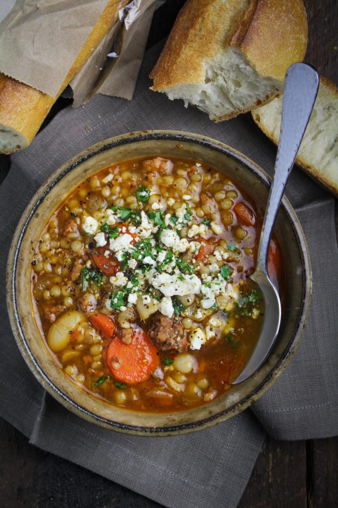 Spicy Chorizo Soup with Israeli Couscous and Mole Sauce {Katie at the Kitchen Door}