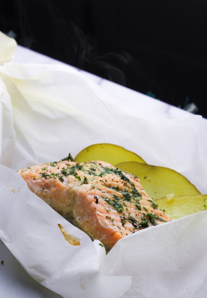 Salmon en Papillote with Potatoes and Dill Butter {Katie at the Kitchen Door}