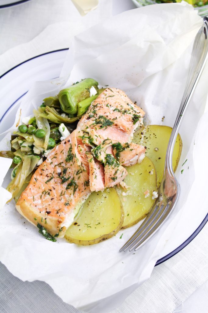 Salmon en Papillote with Potatoes and Dill Butter {Katie at the Kitchen Door}