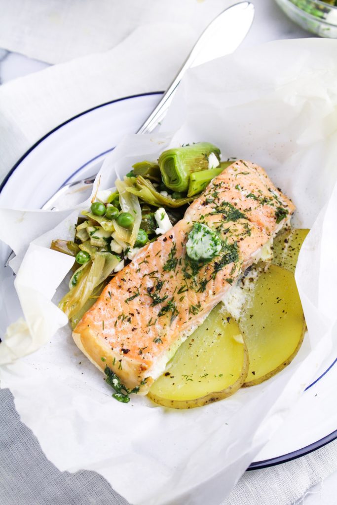 Salmon en Papillote with Potatoes and Dill Butter {Katie at the Kitchen Door}